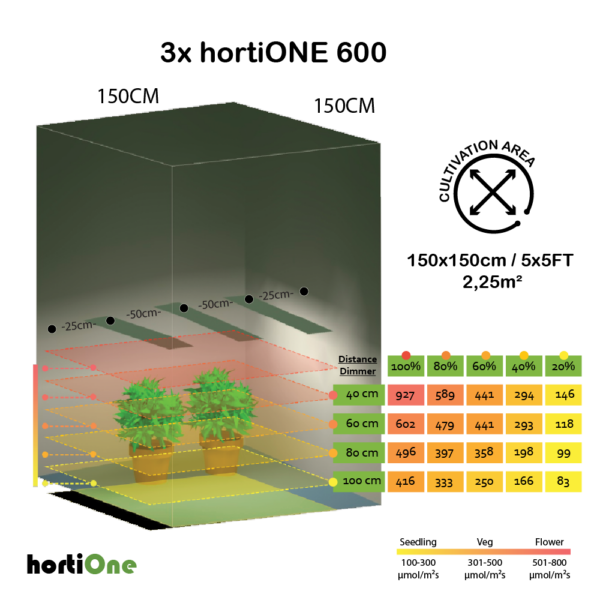 hortiONE 600 LED | 600µmol/s | 220W | 2,9µmol/J 8 3xhortiONE600 150x150cm PPFD LEVELS
