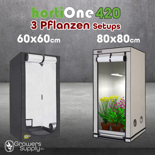 hortiONE 420 + Dimmer | 408µmol/s | 150W | 2,9µmol/J 2 hortiONE 420-3 Pflanzen Setups